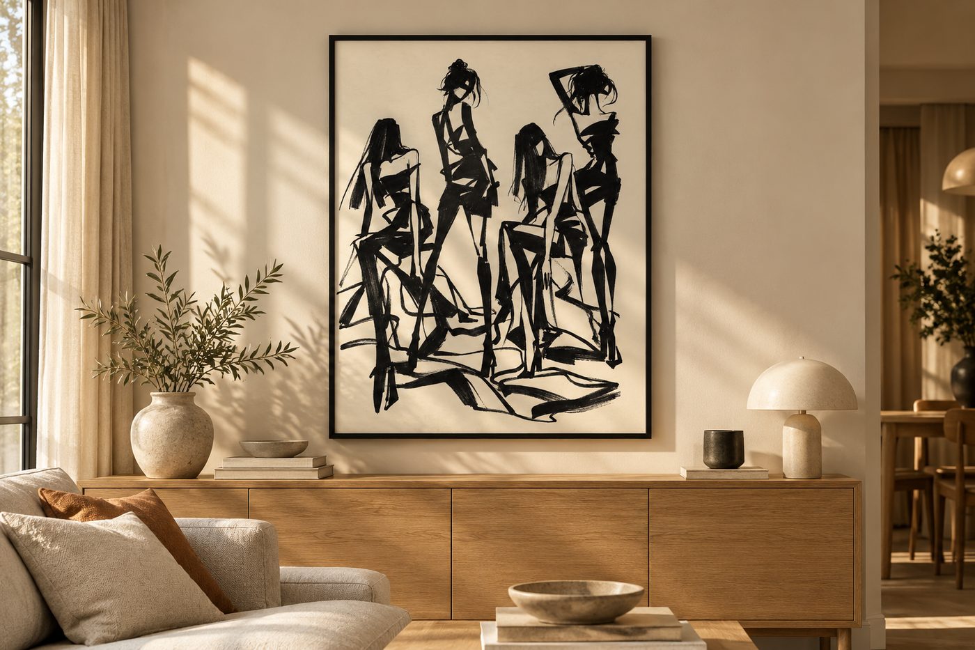Minimalistyczna grafika line art w czarnej ramie nad dębową komodą w jasnym salonie